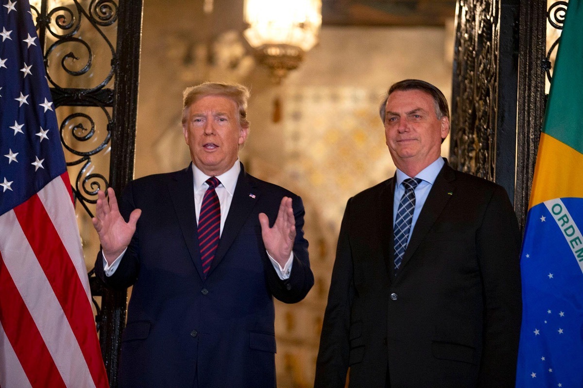 President Donald Trump with Brazilian President Jair Bolsonaro at Mar-a-Lago in Palm Beach, Saturday night, March 7, 2020.