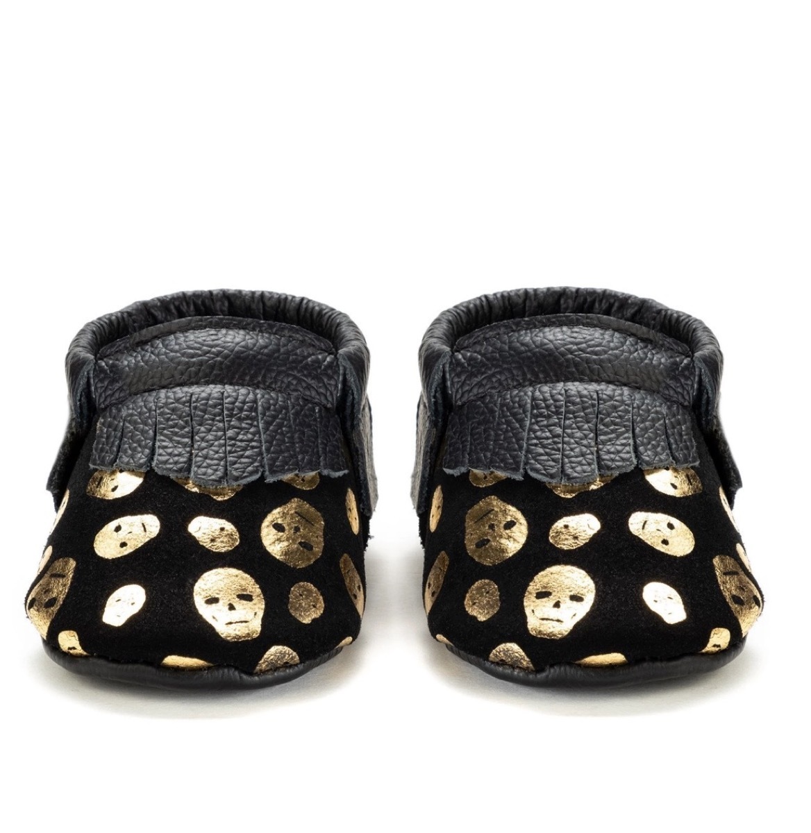 black baby moccasins with gold skulls