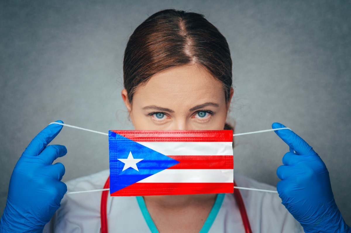 Female Doctor Portrait, protect Face surgical medical mask with Puerto Rico Flag. 