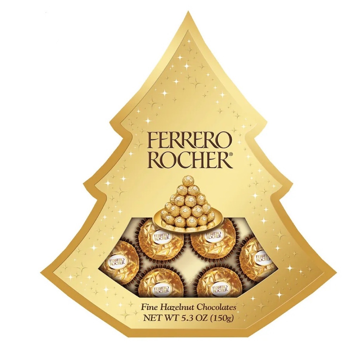 gold tree-shaped box of ferrero rocher chocolates