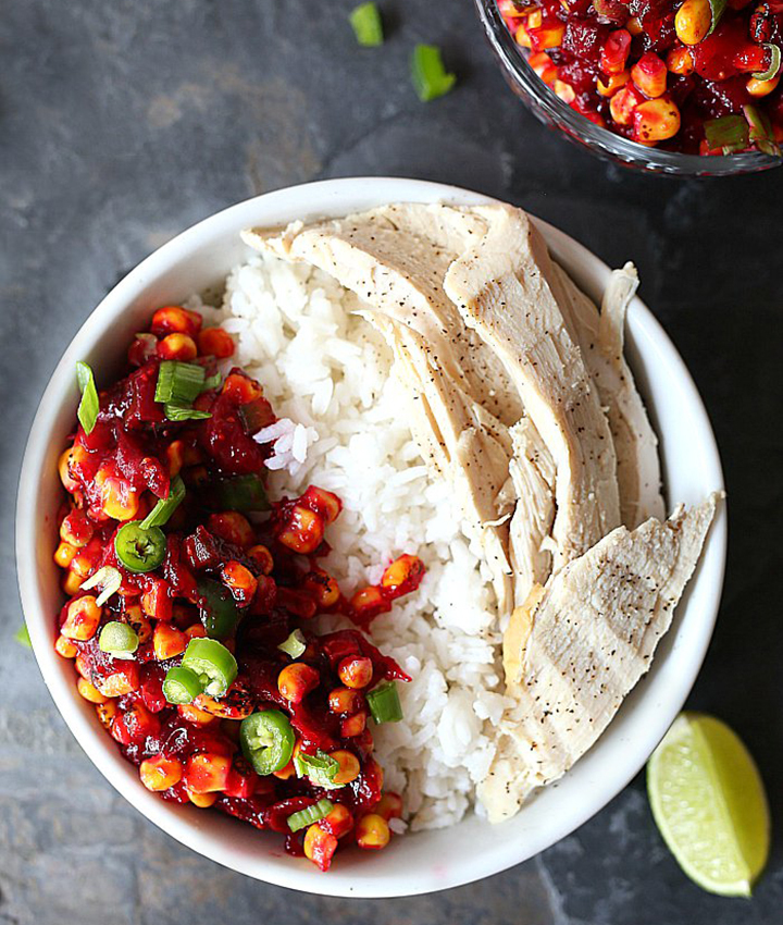 Spicy cranberry corn salsa turkey bowl