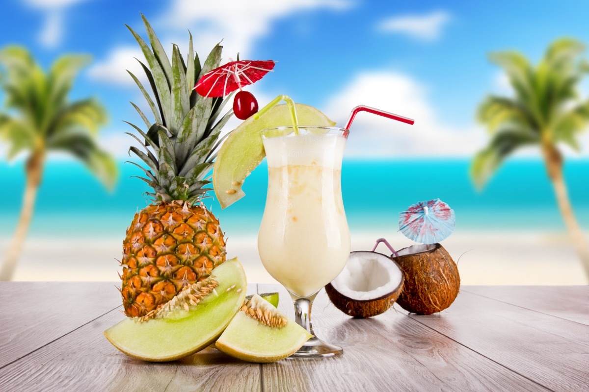 pina colada with pineapple and coconut, near beach