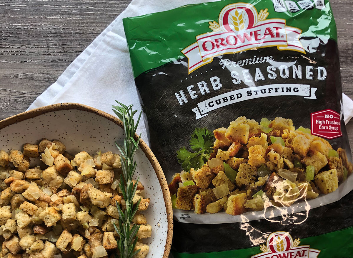 orowheat stuffing mix with bowl of stuffing