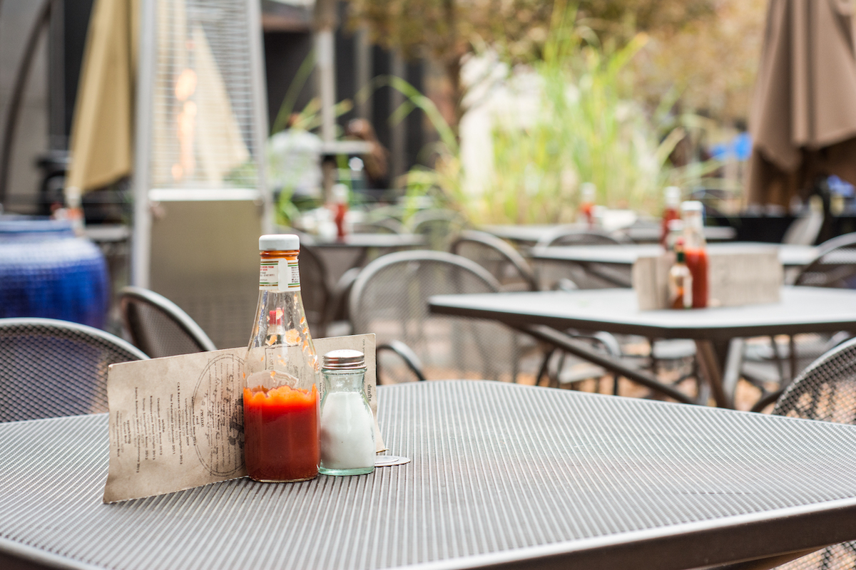 Ketchup bottle on restaurant table