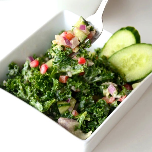 creamy tahini kale salad with pomegranate