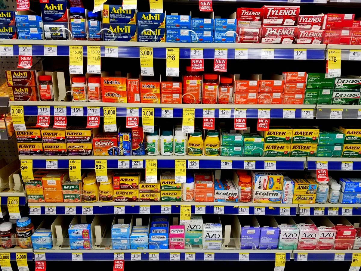 Variety of cold, cough and flu medicine on the shelves at Walgreens