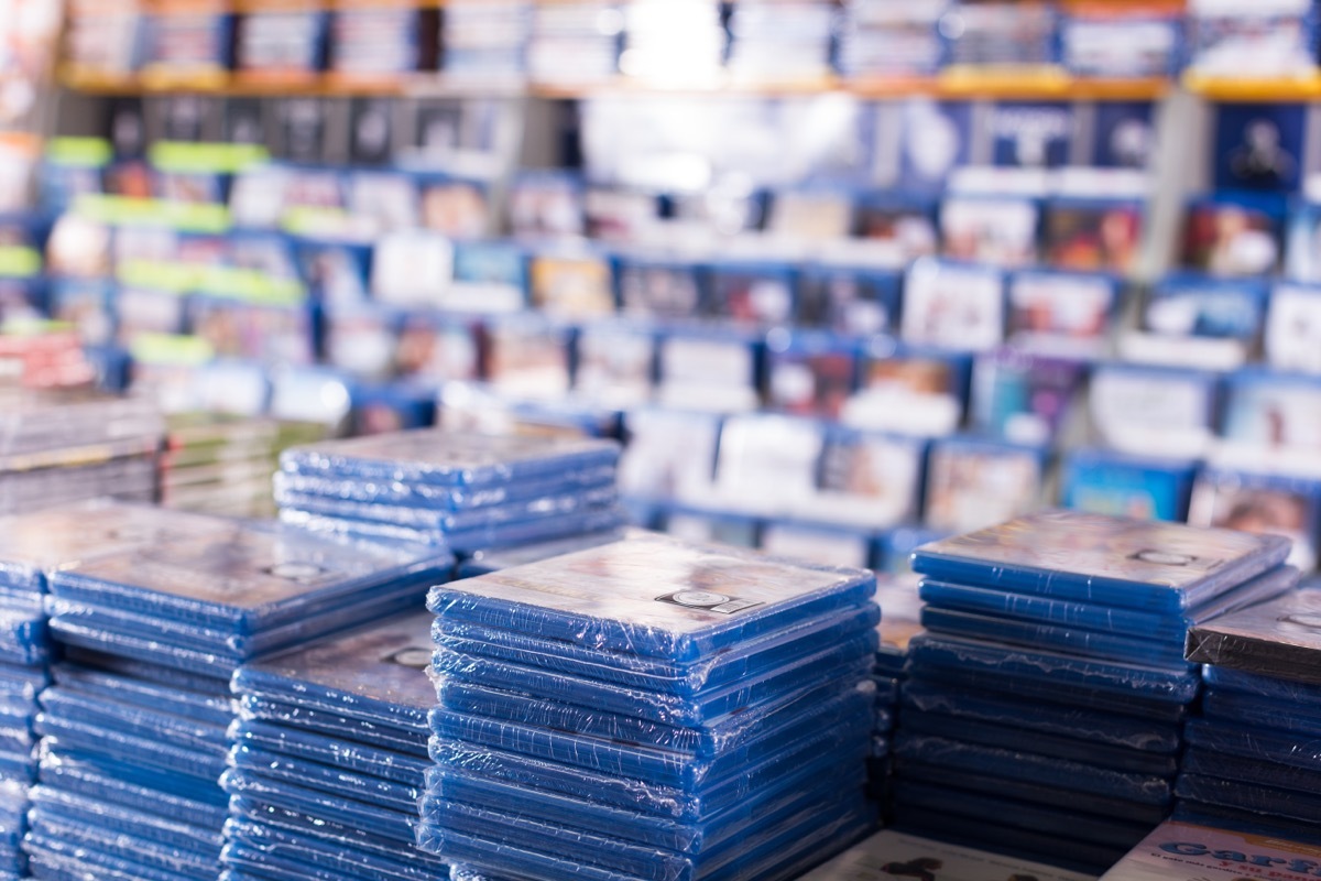 stacks of dvds in a store