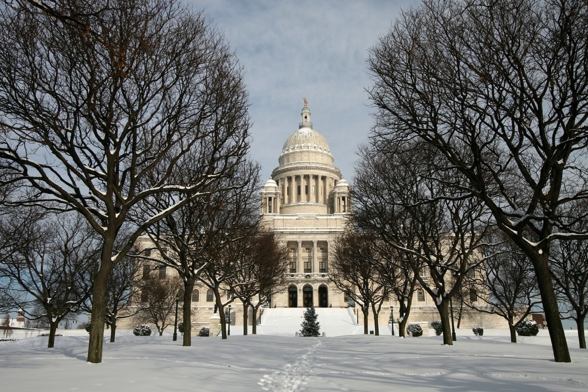 Capitol building in Rhode Island covered in snow