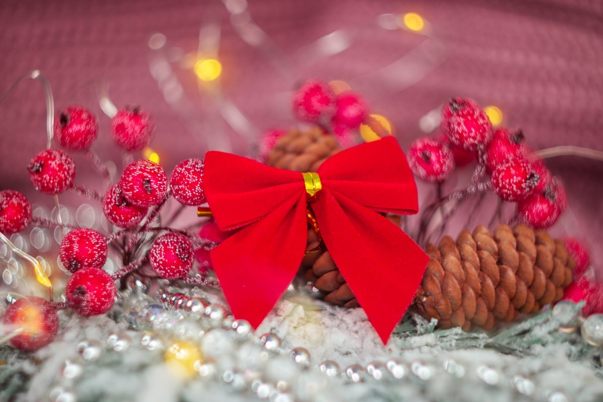 grouping of red holiday decorations