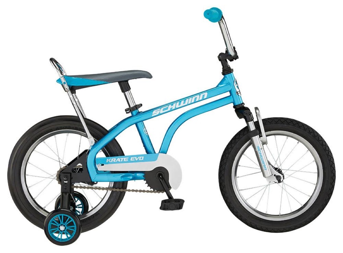 blue bicycle with training wheels