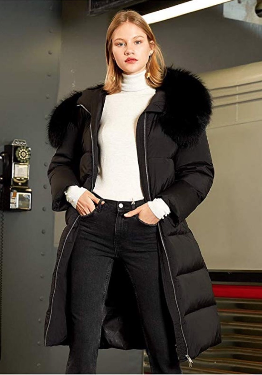 woman in black coat with fur, women's coats for winter