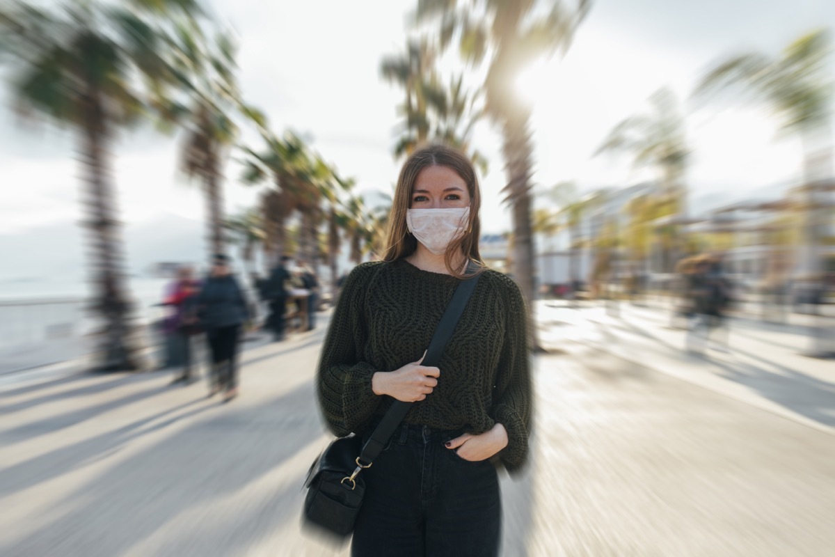 Women wearing a pollution mask to protect himself from viruses.