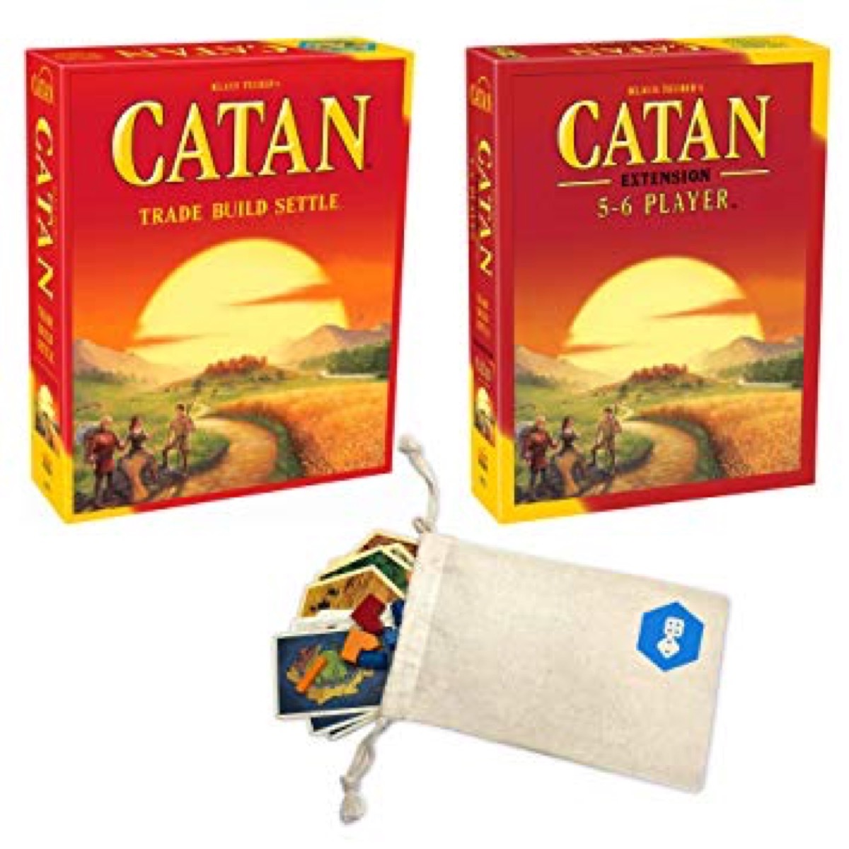 Catan 5th Edition Board Game with Catan 5-6 Player Extension Bundle | Includes Convenient Drawstring Storage Bag