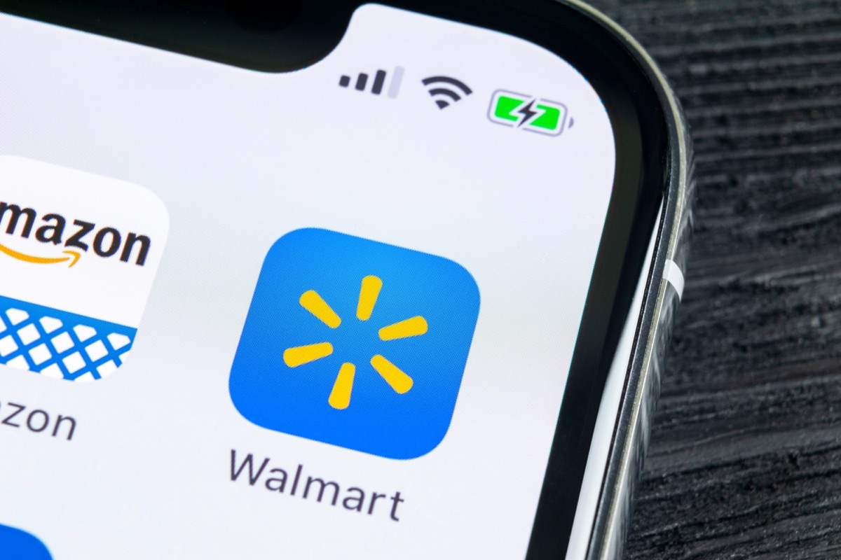 Sankt-Petersburg, Russia, April 27, 2018: Walmart application icon on Apple iPhone X screen close-up. Walmart app icon. Walmart.com is multinational retailing corporation