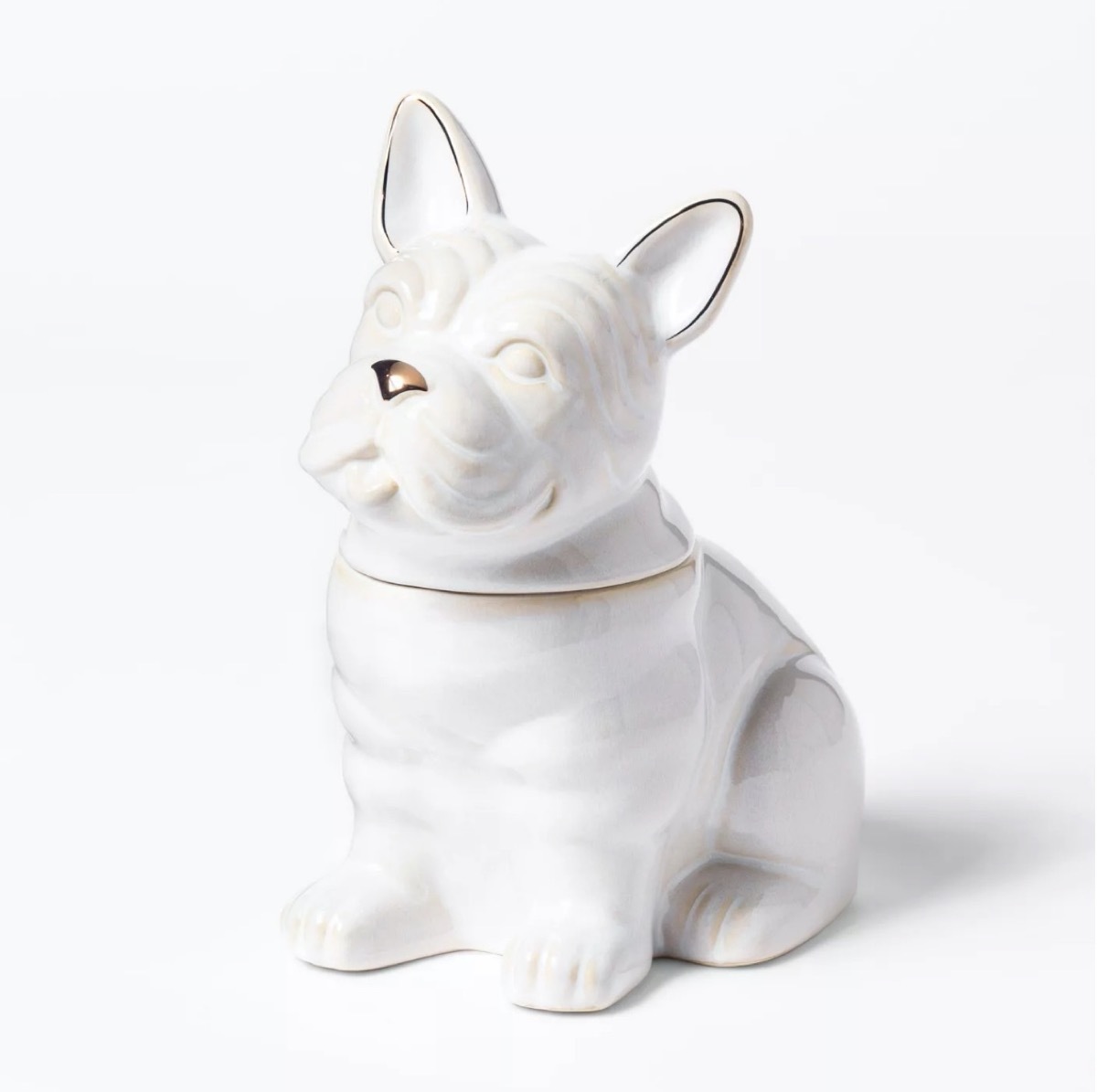 white ceramic cookie jar in the shape of a bulldog