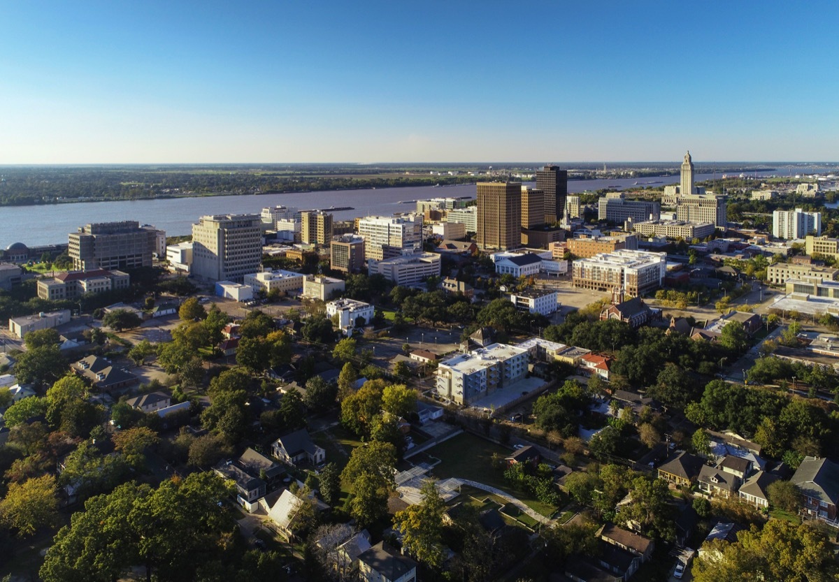 Aerial of Downtown Baton Rouge, including a skyline view of Downtown and the Mississippi River.