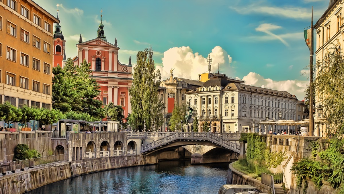 Old town embankment in Ljubljana. Ljubljana is the business and cultural center of the country.