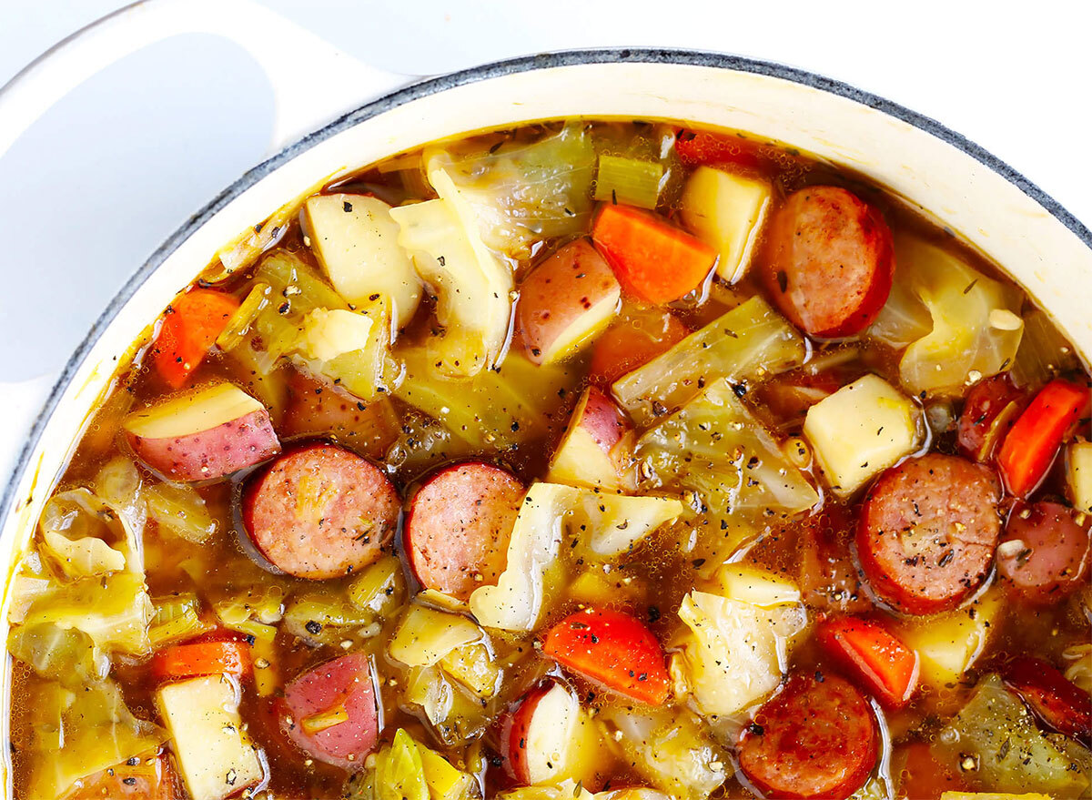 cabbage sausage potato soup in bowl