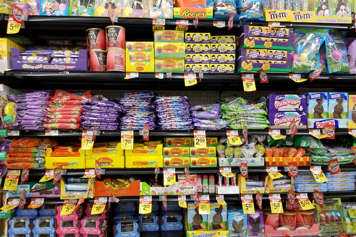 Variety of Easter candies on the shelves for sale