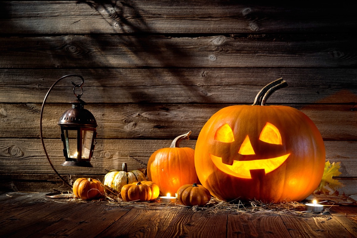 Halloween pumpkin head jack lantern on wooden background - halloween jokes, halloween puns