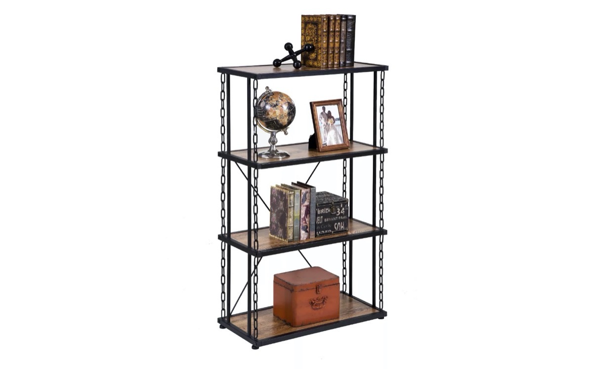 wood and metal bookshelf