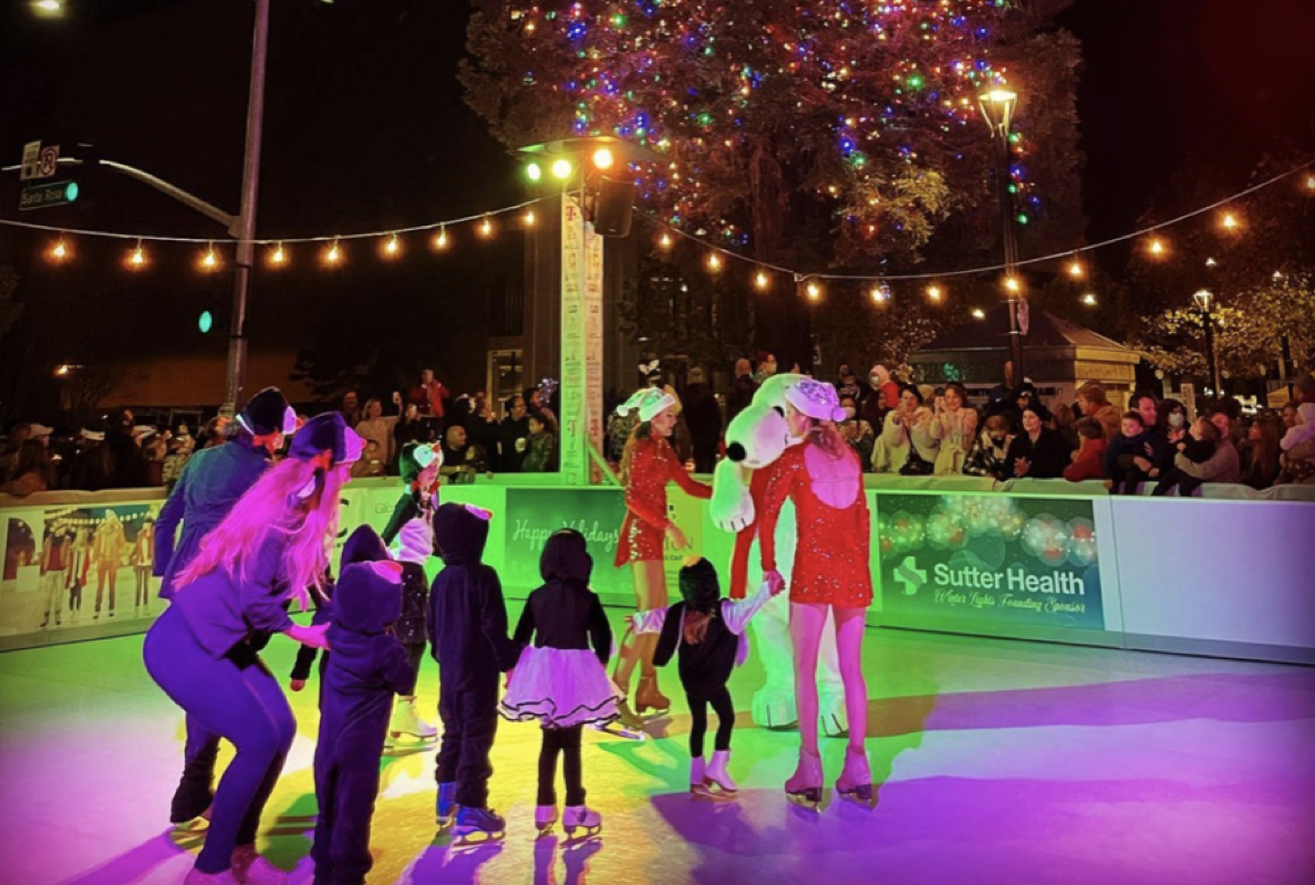 Skating rink at Santa Rosa with christmas lights.