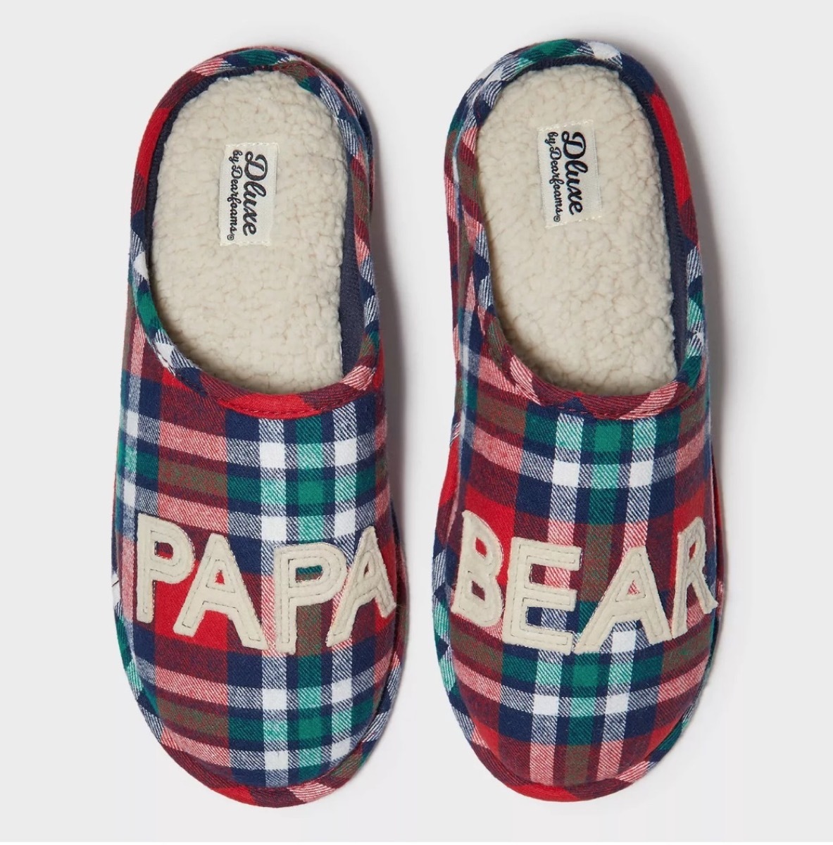 red and green plaid slippers with papa bear on the toes