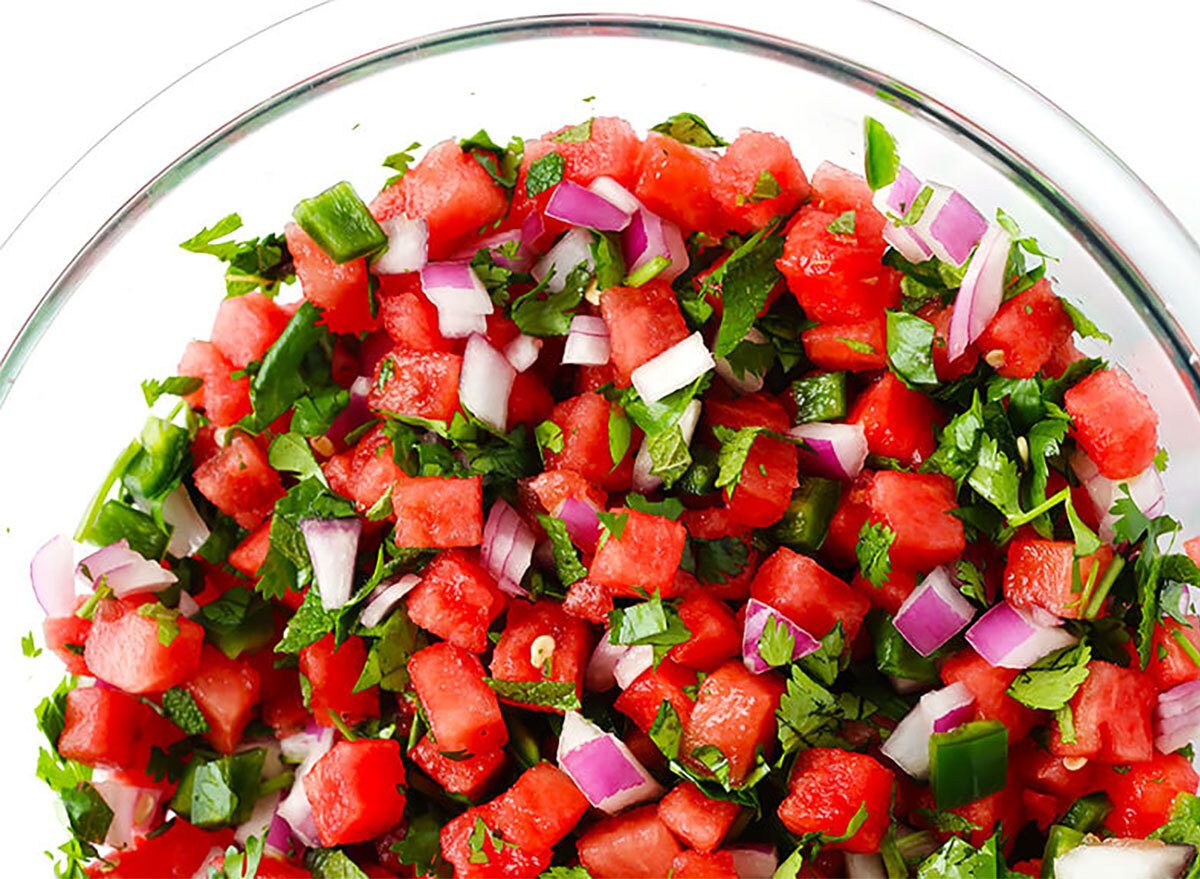 watermelon salsa in glass bowl