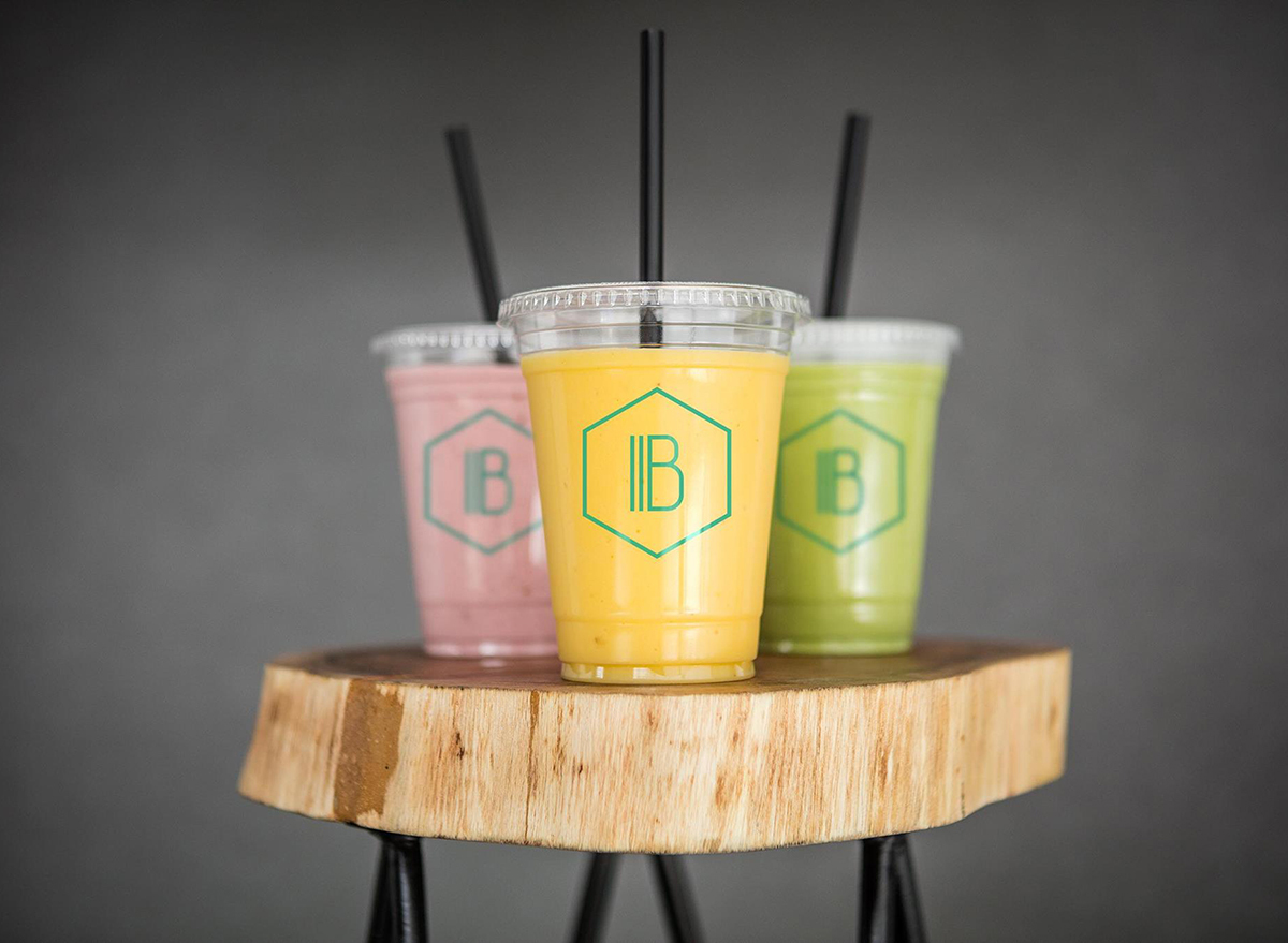 three smoothies on pedestal