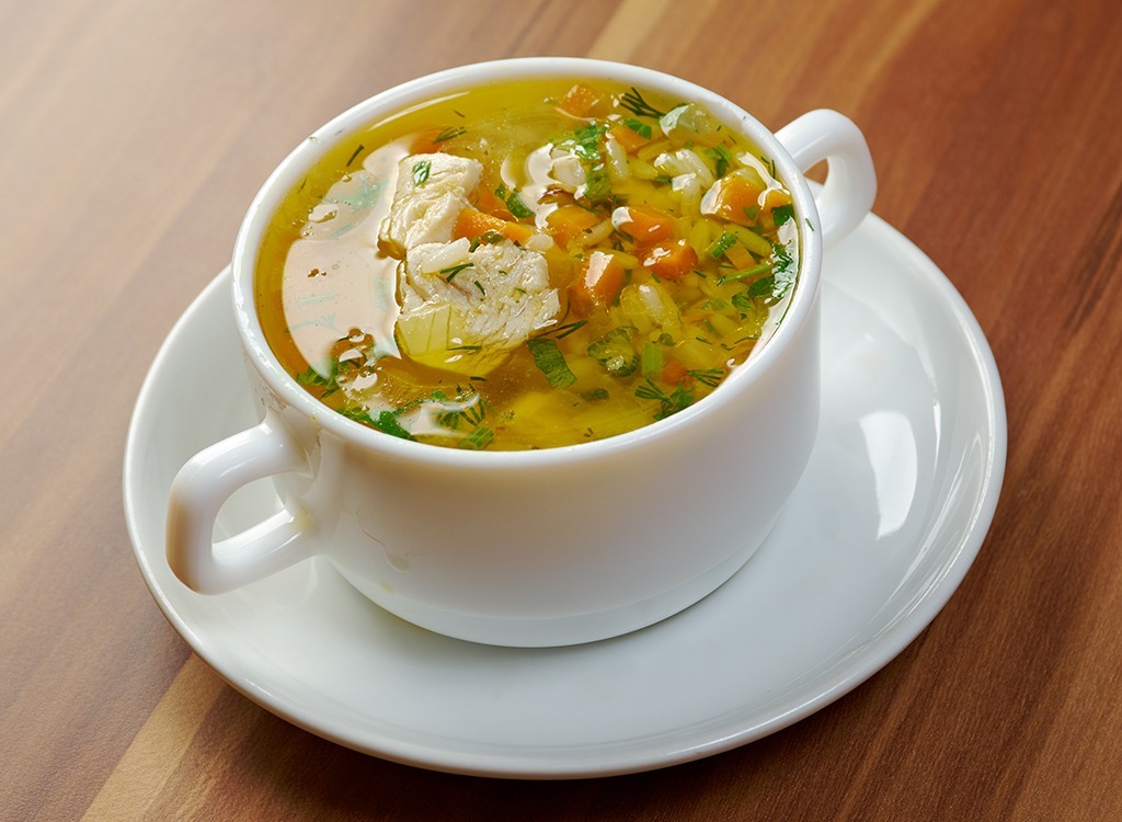 Chicken noodle soup in a small bowl, one of the many cold remedies