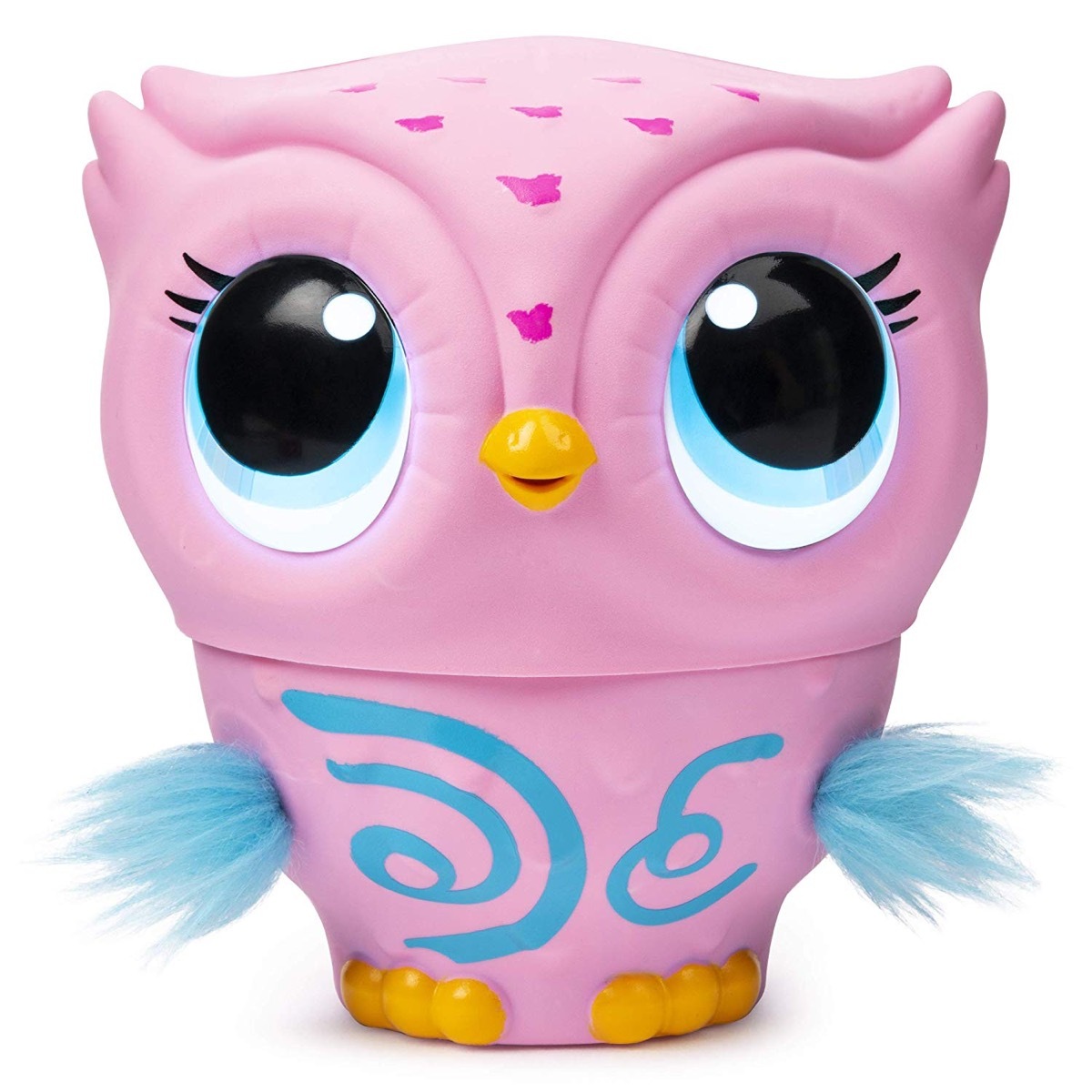 pink owl toy with blue wings and blue designs