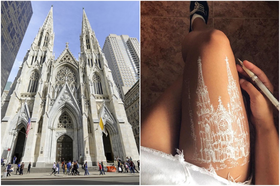 St. Patrick‘s Cathedral in NY | Artist Uses Her Body As A Canvas For Architecture Sketches | Her Beauty