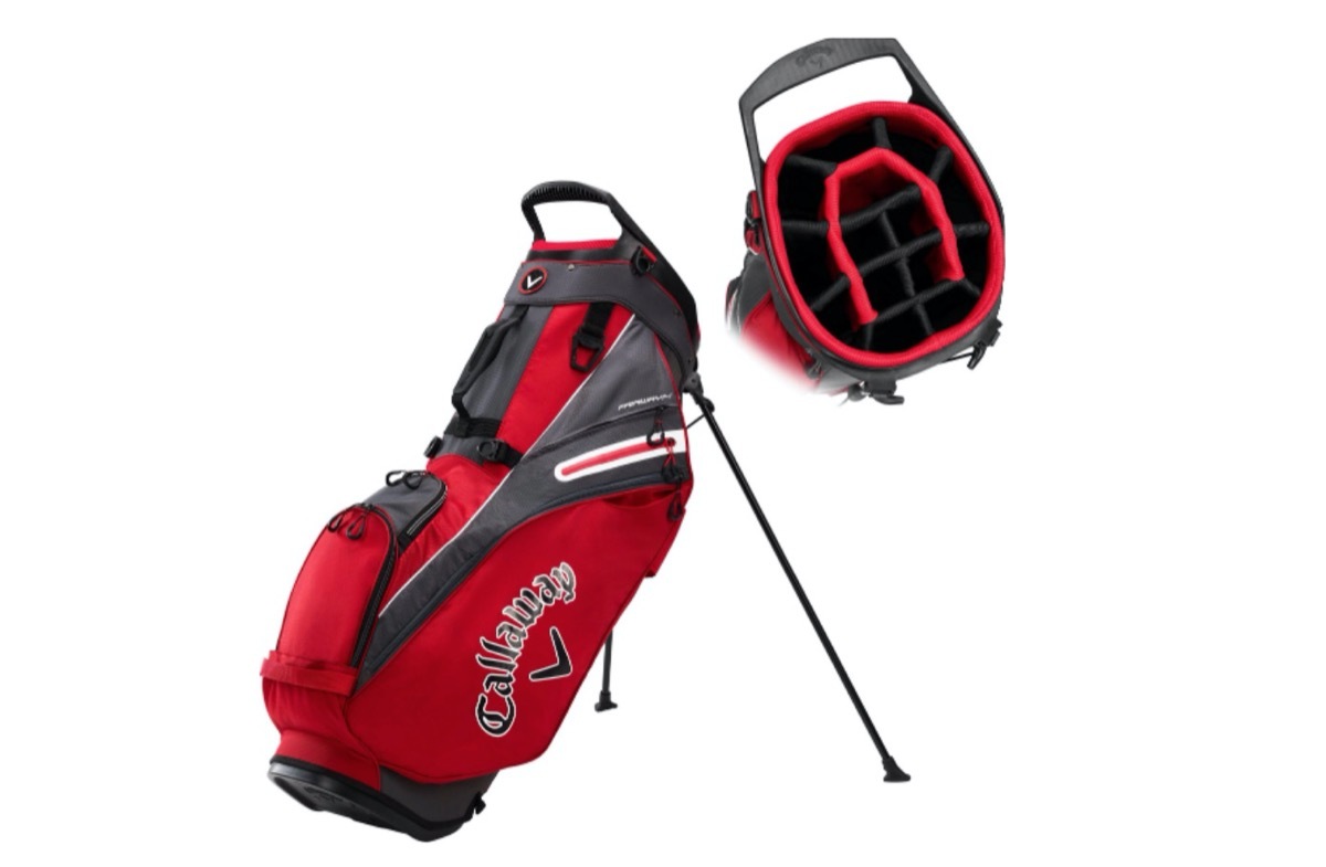 red golf bag with stand