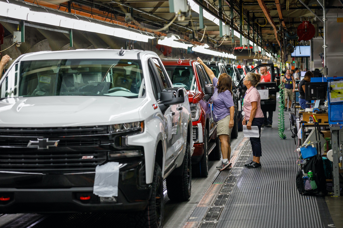 Trucks come off the assembly line at GM's Chevrolet Silverado and GMC Sierra pickup truck plant in Fort Wayne, Indiana, U.S., July 25, 2018.