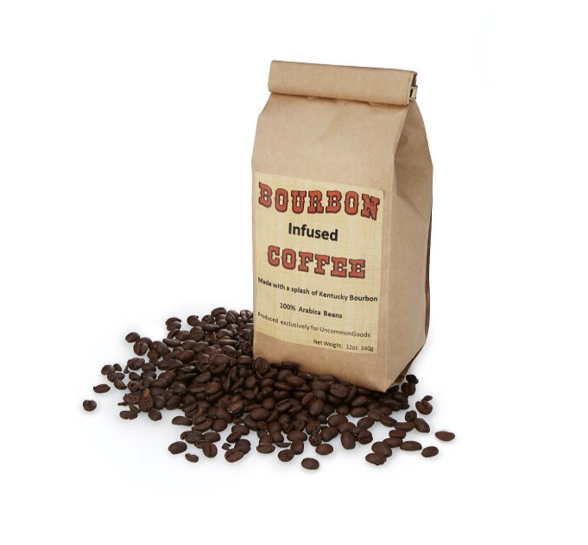 brown bag of bourbon infused coffee with coffee beans in front of it