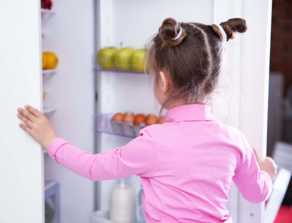 little girl opening refrigerator