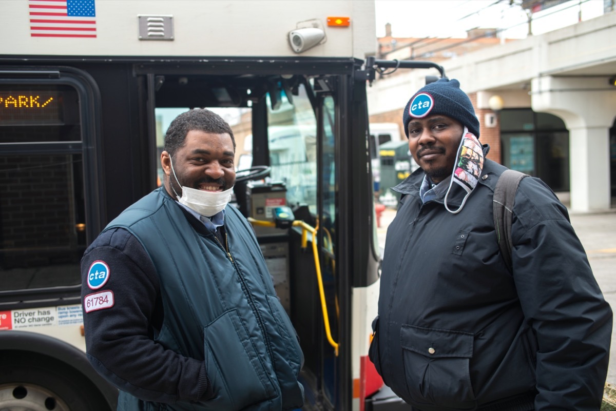 CTA Bus Drivers in masks taking a break near Foster and Broadway