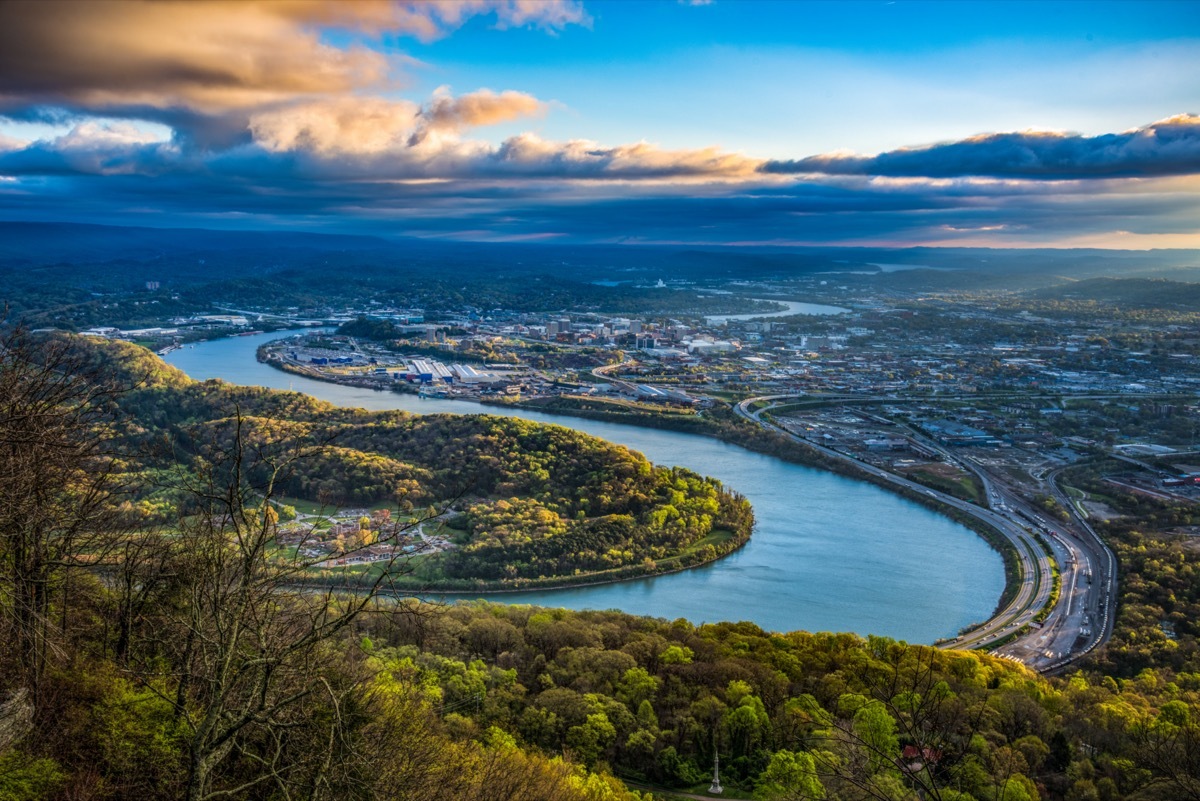 Drone Aerial View of Downtown Chattanooga Tennessee TN and Tennessee River.