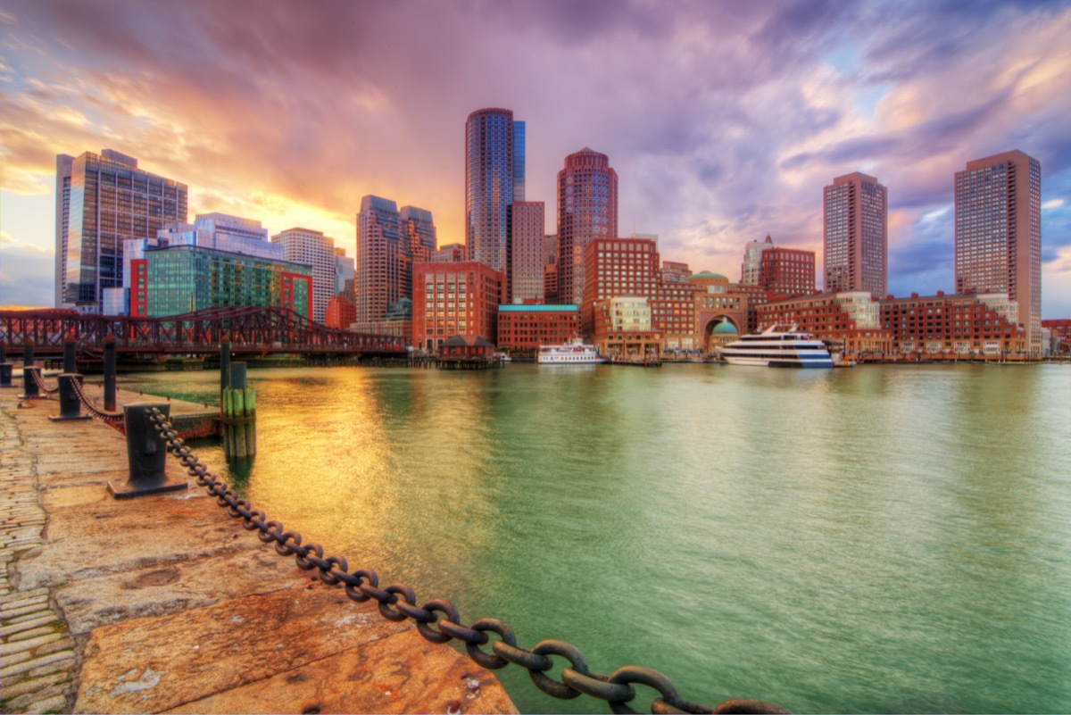 the Boston Harbor in Boston, Massachusetts at dusk