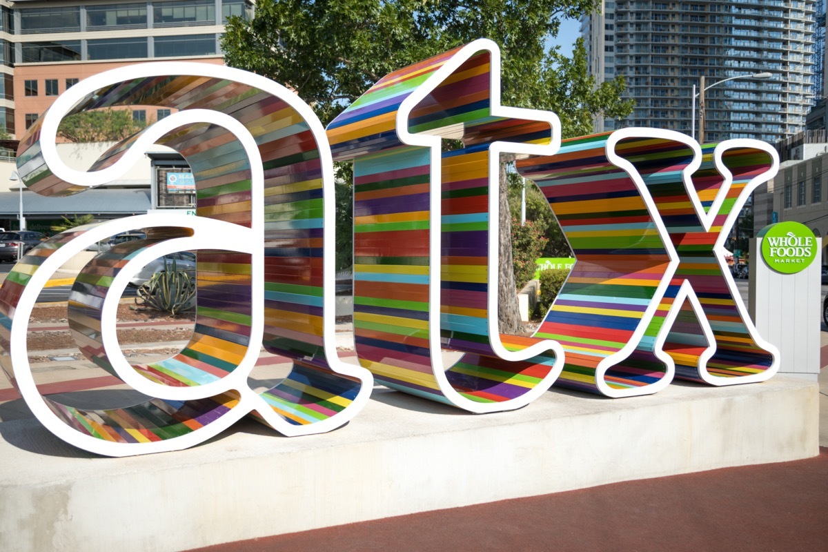 Colorful ATX sculpture sign, designed by Chase Meyers. at Fifth and North Lamar outside of Whole Foods in Downtown Austin