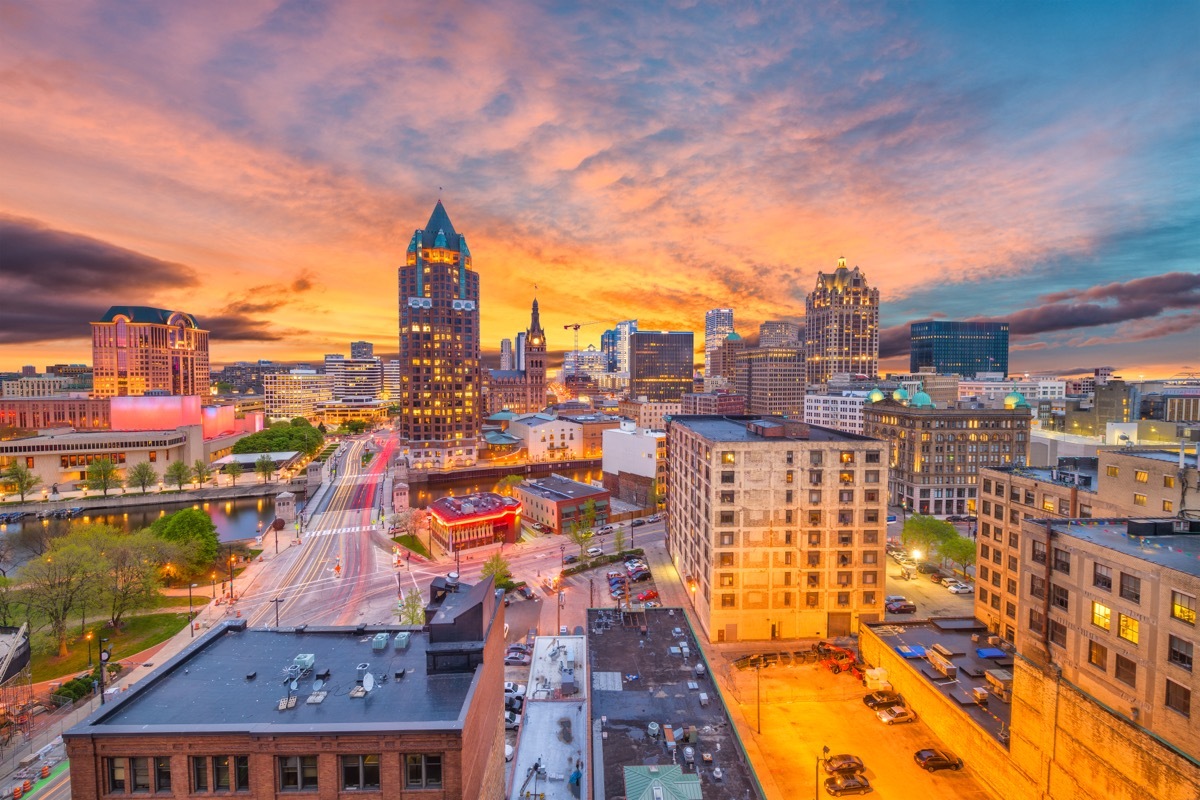 Milwaukee, WIsconsin, USA downtown skyline at dusk.