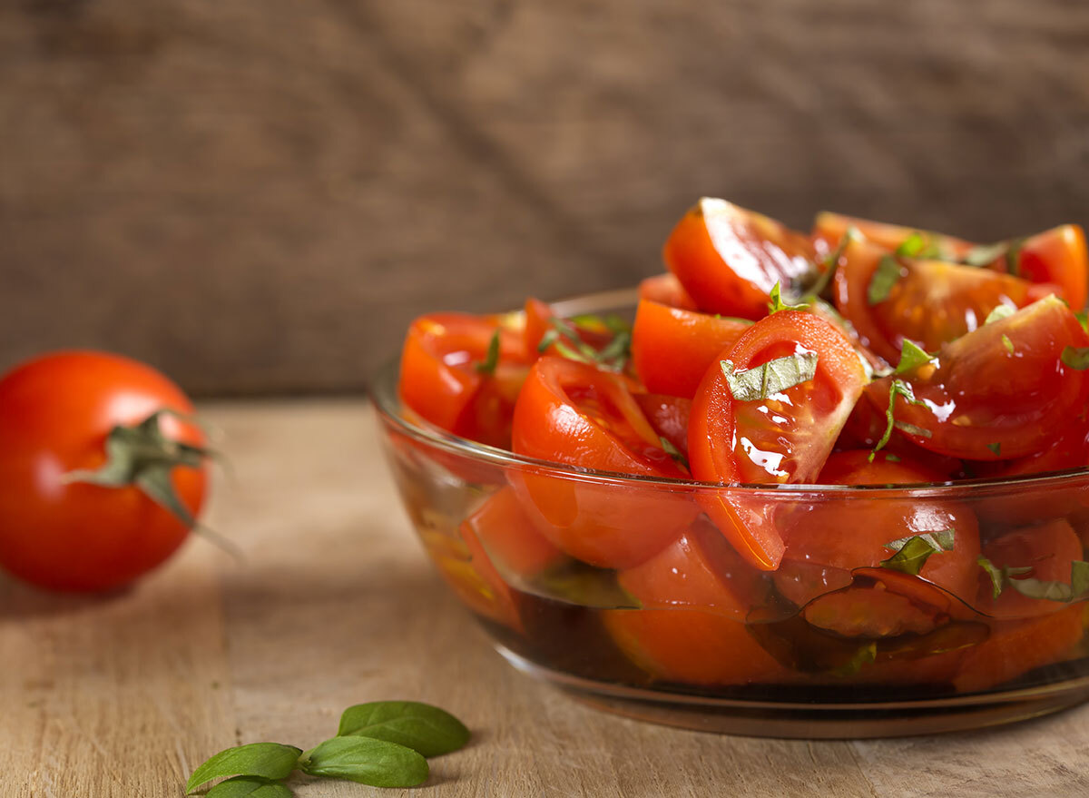 tomato salad in a glass bowl