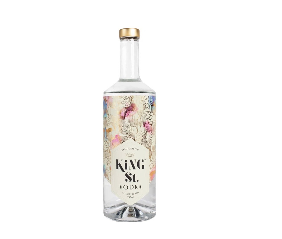 bottle of floral-print king street vodka