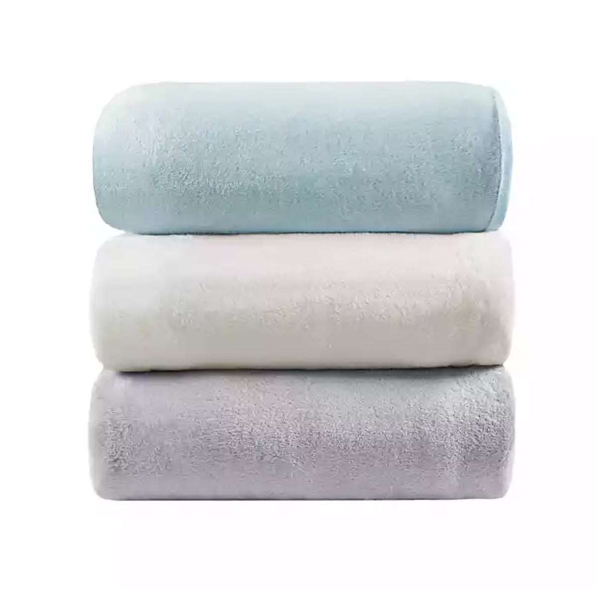 stack of three weighted blankets in green, white, and gray, better sleep essentials