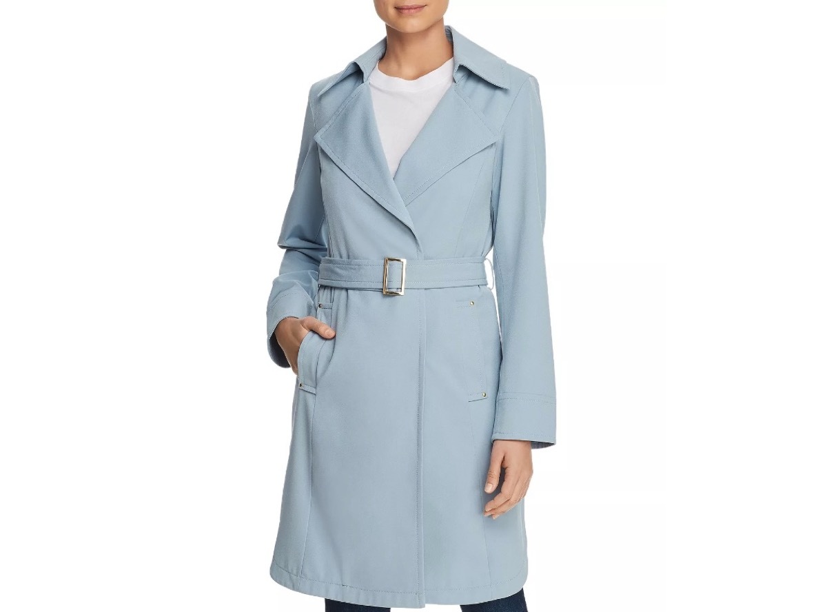 woman in blue belted trench coat, women's coats for winter