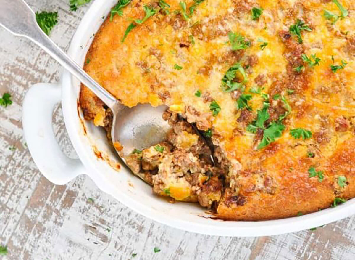 cheeseburger pie in baking dish