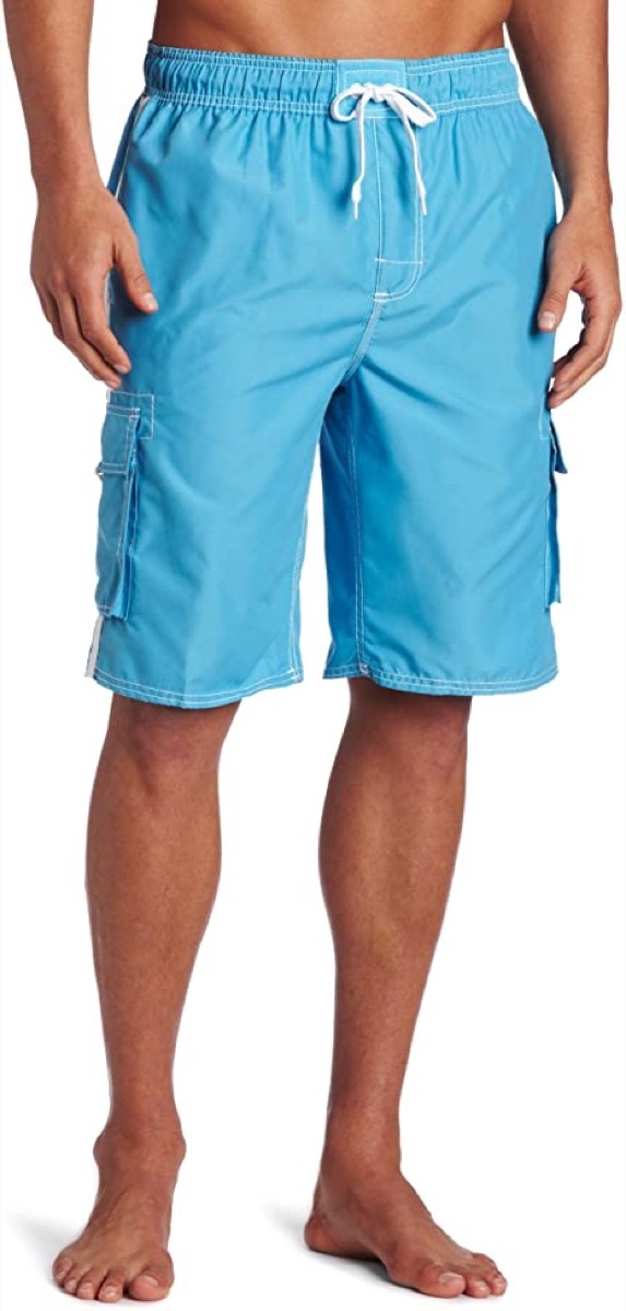 A pair of light blue men's swim trunks