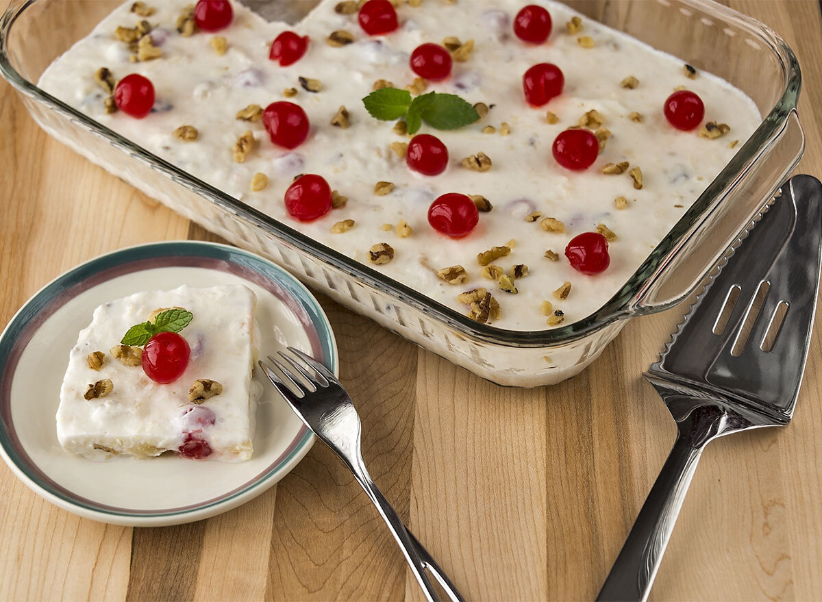 casserole dish of frozen fruit salad