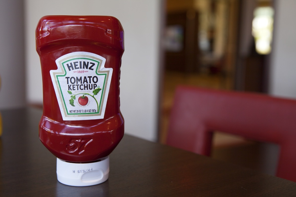 MIAMI BEACH, FLORIDA, JUNE 25, 2017: Bottle of Heinz Ketchup in Restaurant