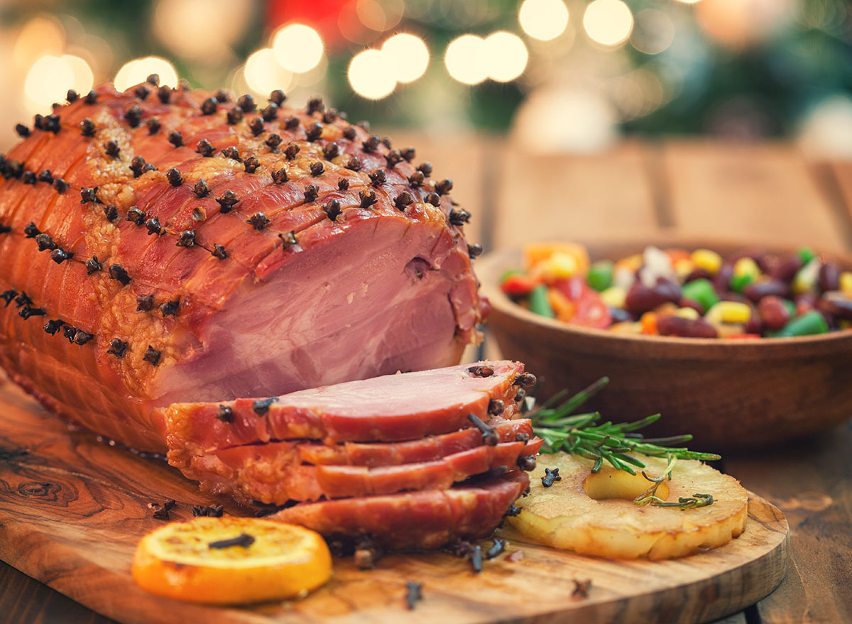 glazed holiday ham with pineapple and lemon slices